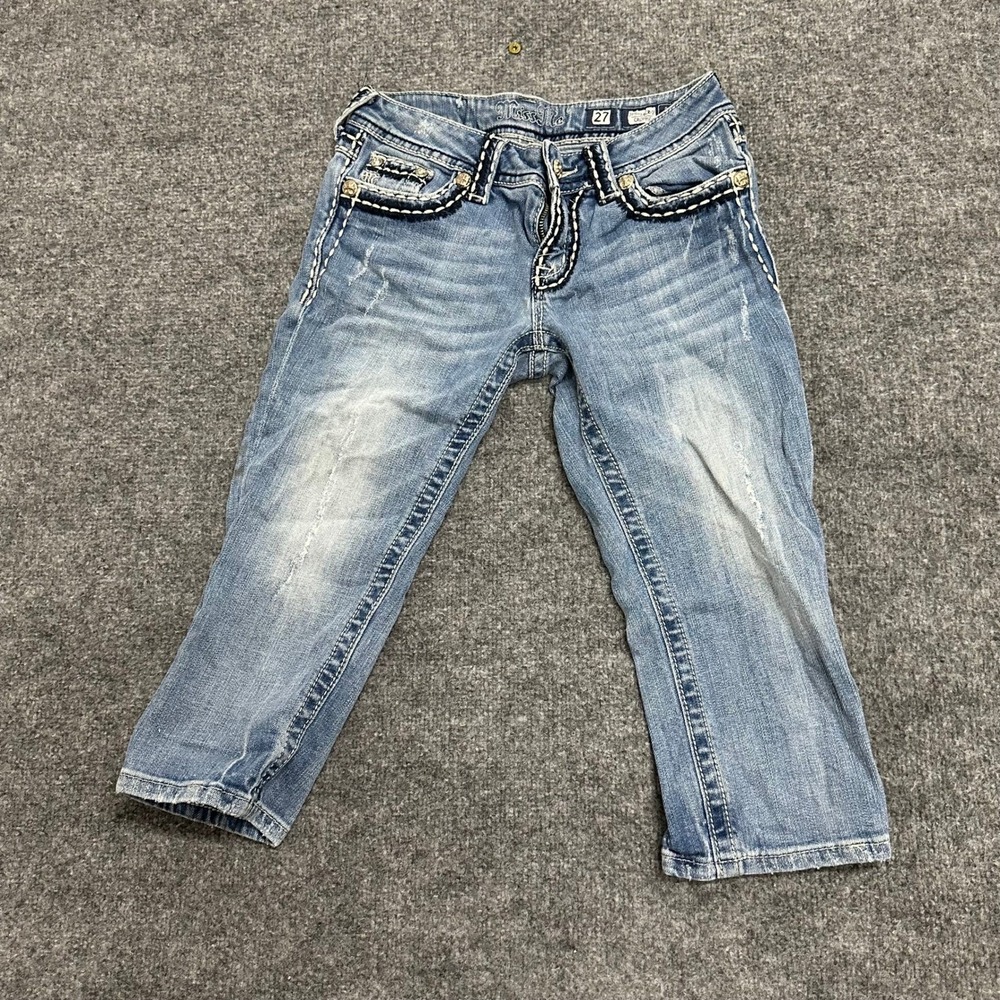 Miss Me Jeans Womens Size 27 Blue Cropped Embellished Heavy Stitch JP5014CR-10